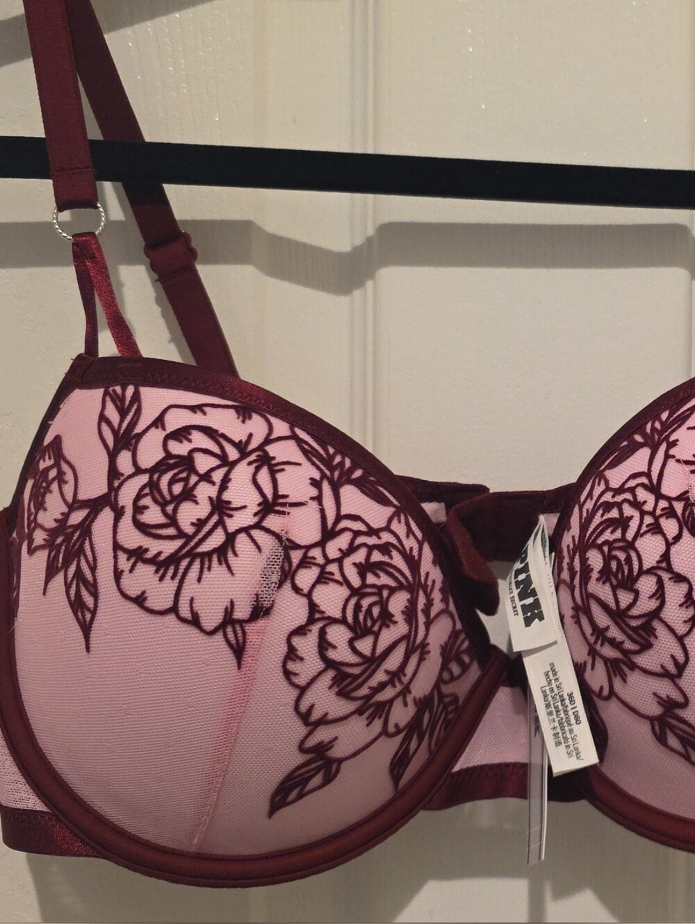 PINK Victoria's Secret Pink Bra with Burgundy Floral Embroidery